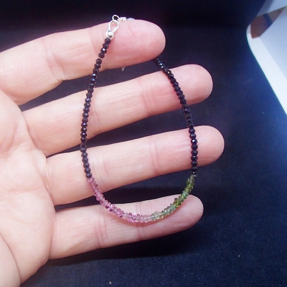 New Natural Black Spinel | Watermelon Tourmaline Bracelet Sterling Silver - Picture 5 of 6